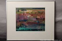 Full frontal photo of the framed watercolour painting showing the abstract colorful artwork surrounded by white mat and silver frame.