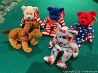 Group photo of five Beanie Babies on green surface showing all items in lot