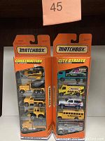 Full view of two Matchbox packs, Construction and City Streets, unopened in original packaging