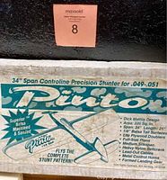 Detail label photo on original box showing Pinto 34" span controlline precision stunter for .049-.051 engines with specifications and features listed.