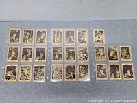 Top-down view of 25 basketball cards arranged in a grid, showing front sides with player images in black and white style.