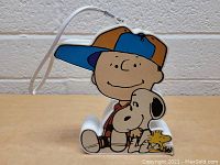 Front view of the vintage Peanuts transistor radio featuring Charlie Brown, Snoopy, and Woodstock sitting together, clearly visible colors and cartoon details.