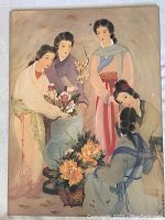 Front view of the laminated painting showing five Asian ladies arranging flowers