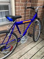 Side view of blue Free Spirit Expedition frame, showing seat, pedals, and part of the rear wheel.