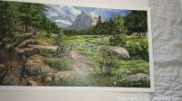 Panoramic detailed landscape print showing forest with a woman near creek and wooden bridge, wild birds in flight, distant mountains