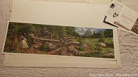 Panoramic full view of the signed Bev Doolittle limited edition print on white backing showing the detailed landscape with forest, bridge, person in historical attire, and mountains.