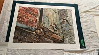 Unframed lithograph print showing barn swallows on wooden beams and brick/stone background with white matte border