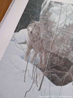 Close-up of wolf image and surrounding snow and branches