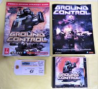 Photo showing all three items laid out flat: Ground Control PC game CD, Prima's Official Strategy Guide, and Field Commander's Handbook.