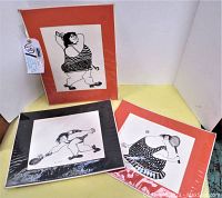 Lot of three vintage matted Jan Hur signed serigraph artworks depicting golf and tennis scenes, presented on a yellow and white background, showing the front all together.