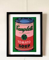 Frontal image of the framed colorful Campbell's Tomato Soup lithograph print by Andy Warhol.