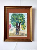 Full view of custom framed lithograph art depicting a seated man under a large tree.