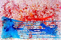 Front view close-up of canvas showing red and orange splatter at top and blue abstract forms with horizontal stripes.