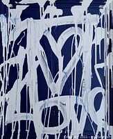 Frontal view of full painting showing white dripping letters spelling 'LOVE' over navy blue