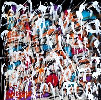 Straight-on view of the full square canvas showing layered graffiti tags and white drips