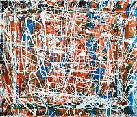 Frontal view showing full abstract acrylic expressionism painting with white, orange, blue, and black paint splatters and lines.