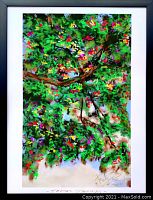 Frontal image of the framed impressionism painting showing vivid green foliage with colorful accents in impressionist style, signed by artist in lower right corner.