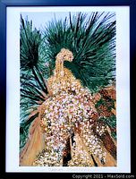 Framed original impressionism style painting displaying natural organic abstract forms in green and golden hues.