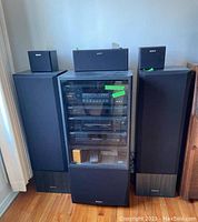 Front view of the Sony home theater system showing the stereo cabinet with glass door and five speakers around it.