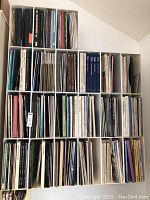 Overview of LP collection stored in cubby shelving