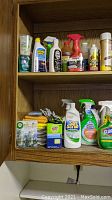 Two wooden shelves filled with various cleaning sprays, aerosol cans, bottles, a dog collar box, cleaning rags, and insecticide sprays.