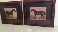 Pair of framed horse prints displayed side by side on a table, showing wooden frames and dark green matting.