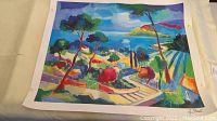 Colorful coastal landscape poster with palm trees and vibrant colors on paper