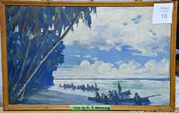 Front view of framed oil painting depicting Martinique beach scene with trees, boats and figures under blue sky