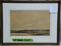Framed watercolour landscape painting by C.F. Barker, with visible green tape labeling size 20x15