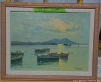 Frontal view of the oil painting showing detailed coastal scene with boats and Mount Vesuvius in background in a wood frame.