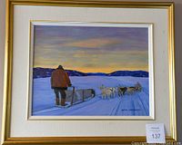 Front view of framed oil painting showing musher and sled dogs at sunset