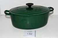 Green oval enameled pot with lid on, showing side handles