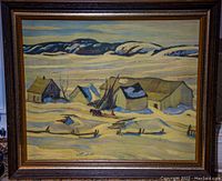 Frontal image of the framed serigraph showing a winter rural landscape scene with snow and buildings, signed by Alexander Young Jackson.