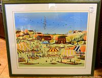 Full view of framed serigraph artwork showing decorative green frame and white mat surrounding colorful country fair scene