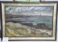 Frontal view of framed seascape painting depicting Orkney Islands coastline