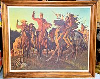 Framed full view of print showing RCMP officer on horseback greeting Indigenous riders, original wood frame
