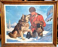 Full view of framed 1956 RCMP print showing officer with Alaskan Malamute in snow