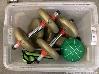 Top view of the plastic bin containing 2 barbells with gold-colored 5 lb weight plates and the green Everlast medicine ball, ankle weights partially visible