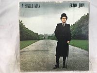 Front cover of Elton John's album "A Single Man" showing the artist in formal wear on a tree-lined pathway.