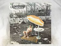 Front cover of the Supertramp Crisis? What Crisis? album showing a man in sunglasses under a yellow and white umbrella with a barren industrial background.