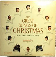Front cover of vinyl LP titled 'The Great Songs of Christmas' showing portraits of artists arranged in stars around the title text.