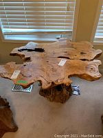 Overhead view of live-edge teak slab top with natural voids and knots