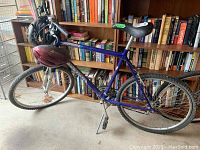Side profile of the blue Raleigh Ambush bicycle against a bookshelf background