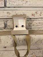 Front view of earrings in Paul Mara branded box against a white brick background.