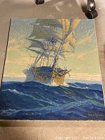 Full view of the unframed canvas showing the sailing ship scene