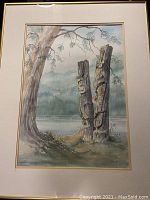 Full framed painting showing totem poles, tree, lake and misty background