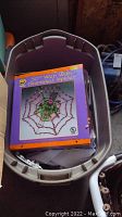 Plastic storage tub with boxed 30-inch illuminated spider web decoration inside