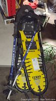 Yellow Yukon Charlie's Kodiak snowshoes with metal crampons and attached Black Diamond blue poles with ergonomic grips.