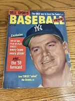 Front cover photo of 1959 Dell Sports Baseball Annual #7 magazine showing a color close-up of a New York Yankees player in uniform with headline text.