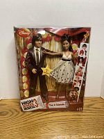 Front view of the boxed dolls showing two dolls, Troy and Gabriella, in a festive diorama background with balloons.
